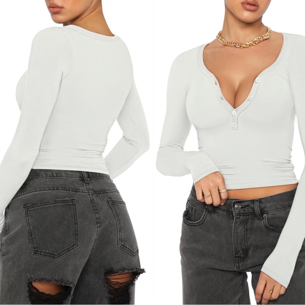 ❤️Long sleeve button up henley white fitted size small